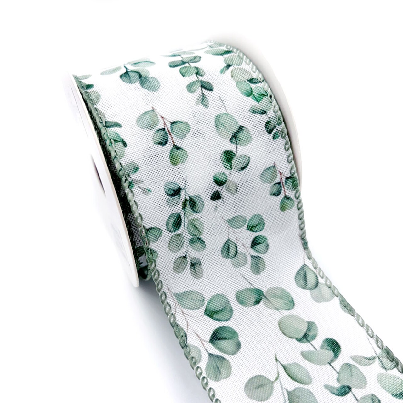Designer’s Shop Wired Ribbon - Green Eucalyptus Leaf Print on White – Spring Summer Floral Craft Ribbon 2.5” x 10 yards WR 63-5229